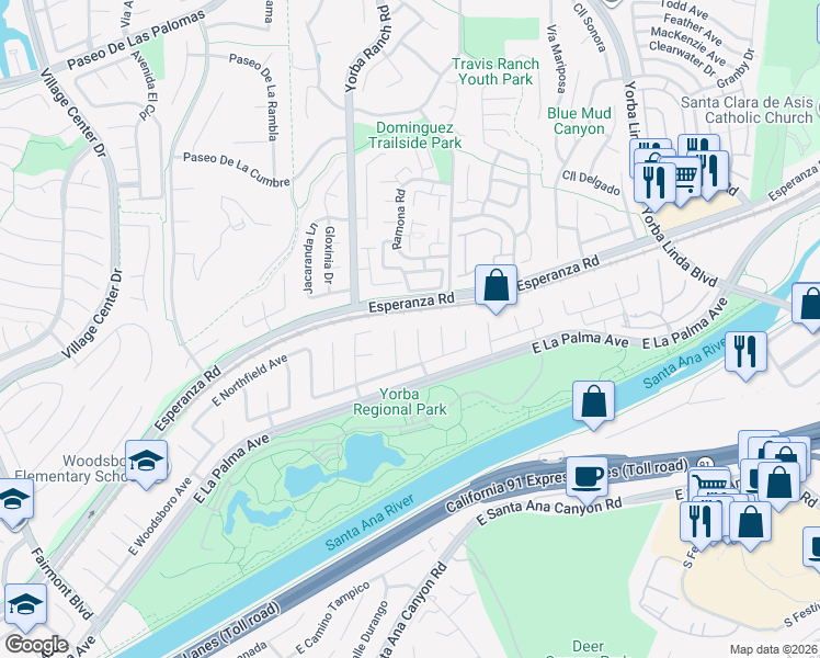 map of restaurants, bars, coffee shops, grocery stores, and more near 1240 North Willet Circle in Anaheim