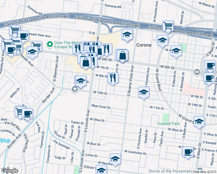 map of restaurants, bars, coffee shops, grocery stores, and more near 905 Wakefield Avenue in Corona