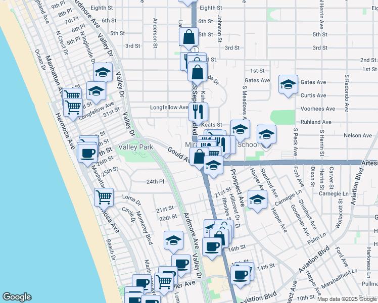 map of restaurants, bars, coffee shops, grocery stores, and more near 2601 Pacific Coast Highway in Hermosa Beach