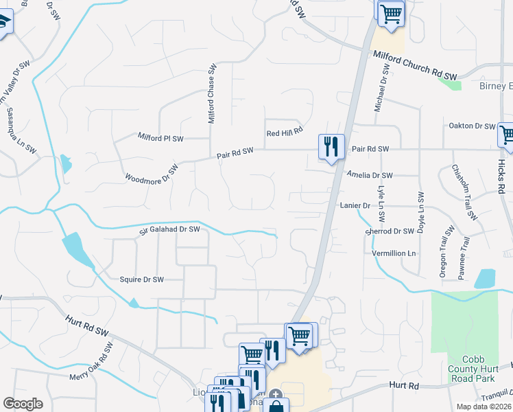 map of restaurants, bars, coffee shops, grocery stores, and more near 1973 Hidden Valley Drive Southwest in Marietta