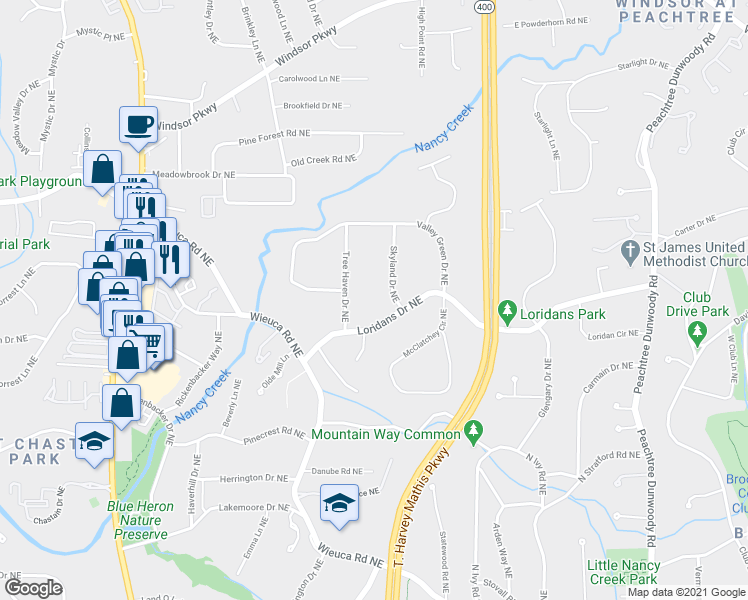 map of restaurants, bars, coffee shops, grocery stores, and more near 4366 Skyland Drive Northeast in Atlanta