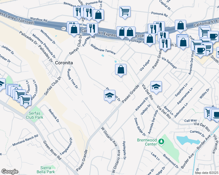 map of restaurants, bars, coffee shops, grocery stores, and more near 1980 Pine Crest Drive in Corona