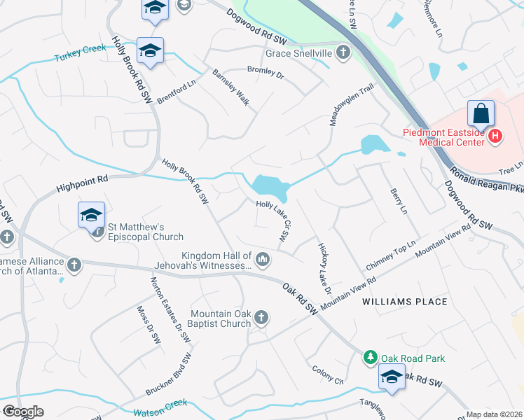 map of restaurants, bars, coffee shops, grocery stores, and more near 1608 Holly Lake Cove Southwest in Snellville