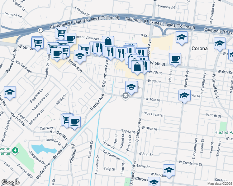 map of restaurants, bars, coffee shops, grocery stores, and more near 1221 West 10th Street in Corona