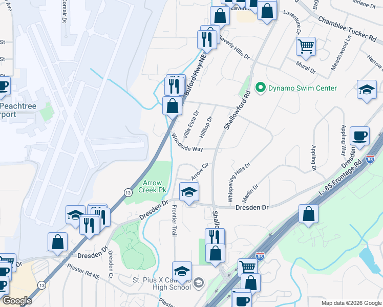 map of restaurants, bars, coffee shops, grocery stores, and more near 2928 Arrow Creek Drive in Chamblee