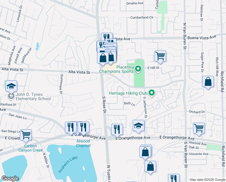 map of restaurants, bars, coffee shops, grocery stores, and more near 1259 Providence Loop in Placentia