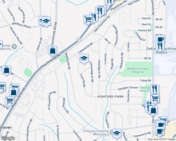 map of restaurants, bars, coffee shops, grocery stores, and more near 1653 Pamela Drive Northeast in Atlanta
