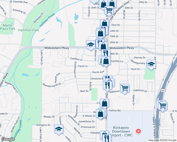 map of restaurants, bars, coffee shops, grocery stores, and more near 1602 Hursh Avenue in Wichita Falls