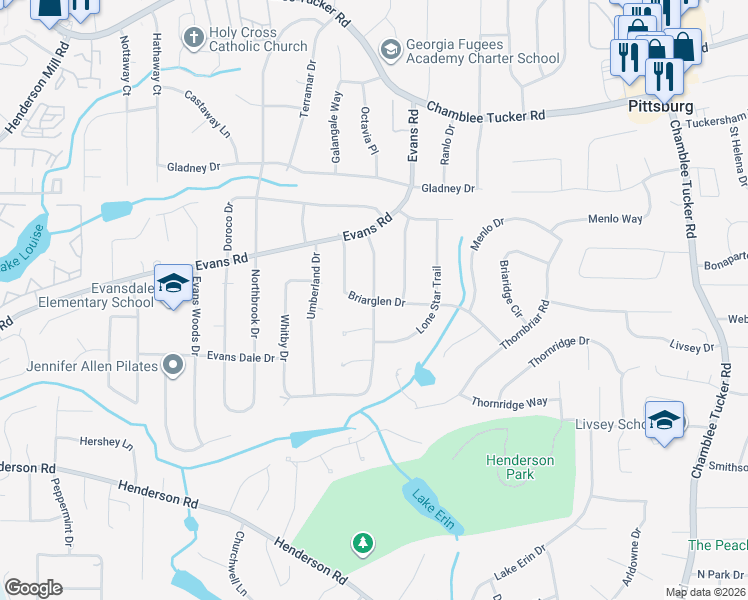 map of restaurants, bars, coffee shops, grocery stores, and more near 2934 Greenrock Trail in Atlanta