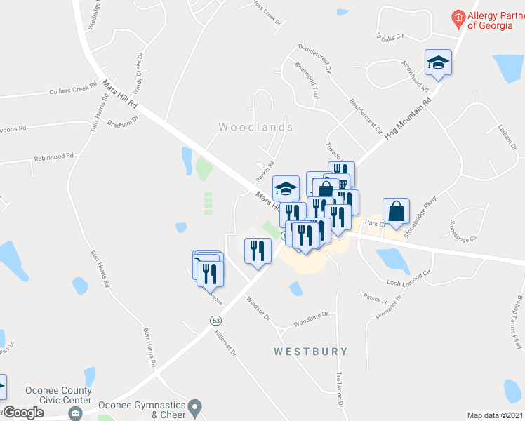 map of restaurants, bars, coffee shops, grocery stores, and more near 1101 Mars Hill Road in Watkinsville