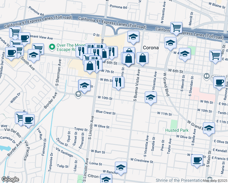 map of restaurants, bars, coffee shops, grocery stores, and more near 905 Wakefield Avenue in Corona