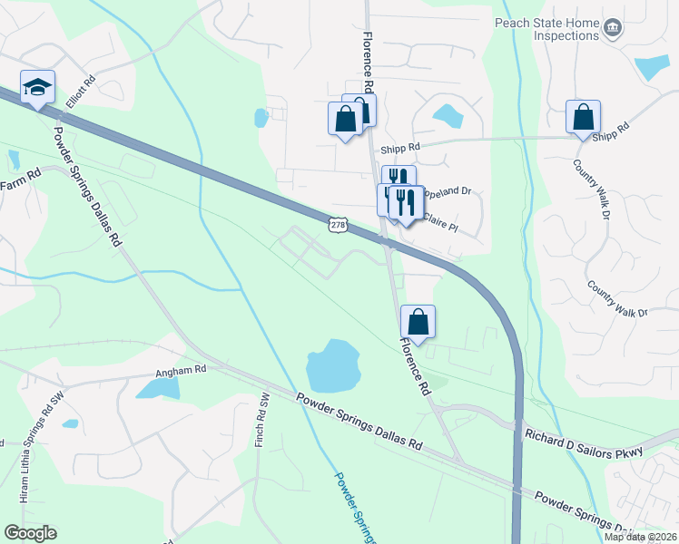map of restaurants, bars, coffee shops, grocery stores, and more near 3319 Thornbridge Drive in Powder Springs