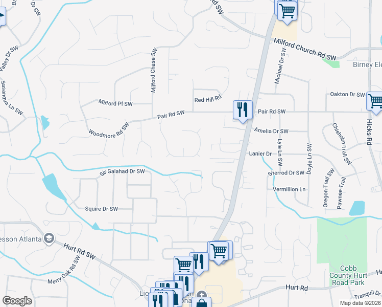 map of restaurants, bars, coffee shops, grocery stores, and more near 1966 Hidden Valley Drive Southwest in Marietta