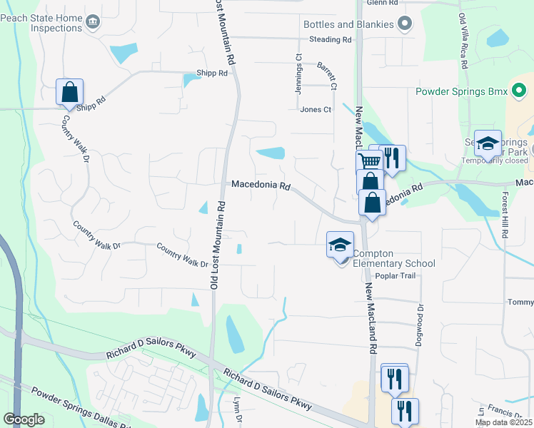map of restaurants, bars, coffee shops, grocery stores, and more near 3388 Zodie Trail in Powder Springs
