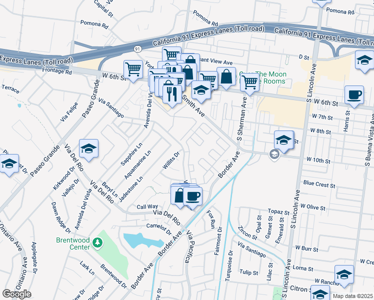 map of restaurants, bars, coffee shops, grocery stores, and more near 1414 Rainbrook Way in Corona