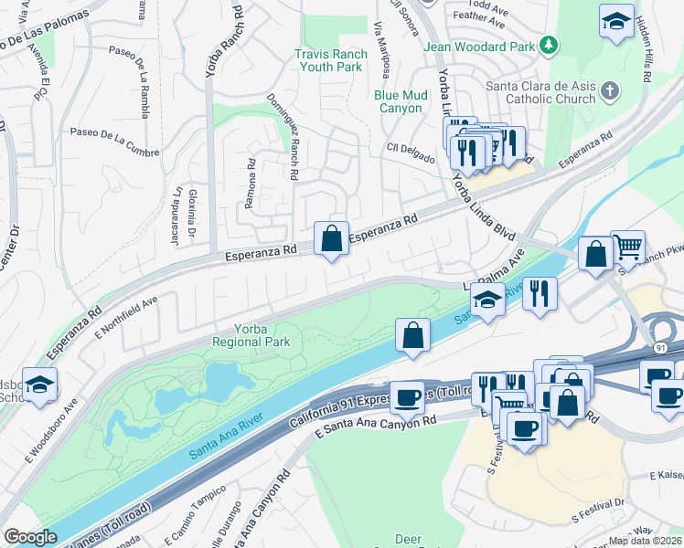 map of restaurants, bars, coffee shops, grocery stores, and more near 8024 East Woodsboro Avenue in Anaheim