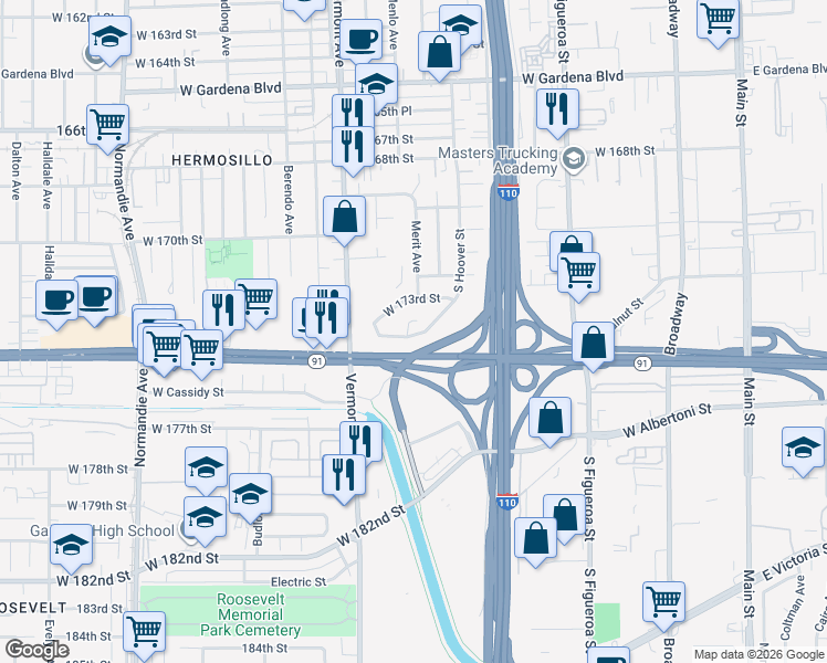 map of restaurants, bars, coffee shops, grocery stores, and more near 702 West 173rd Place in Gardena