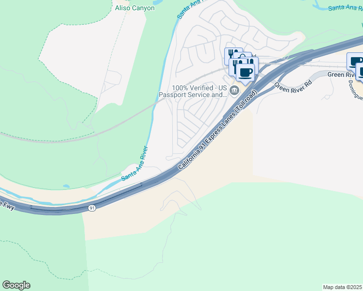 map of restaurants, bars, coffee shops, grocery stores, and more near 4901 Green River Road in Corona