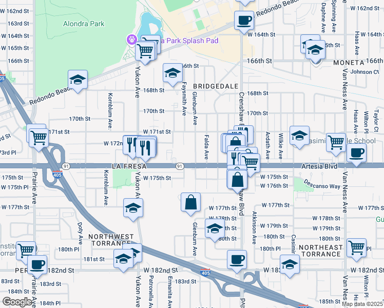 map of restaurants, bars, coffee shops, grocery stores, and more near 17327 Glenburn Avenue in Torrance
