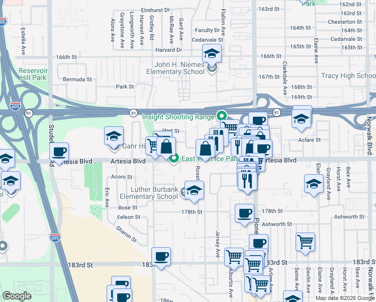 map of restaurants, bars, coffee shops, grocery stores, and more near 11545 Artesia Boulevard in Artesia