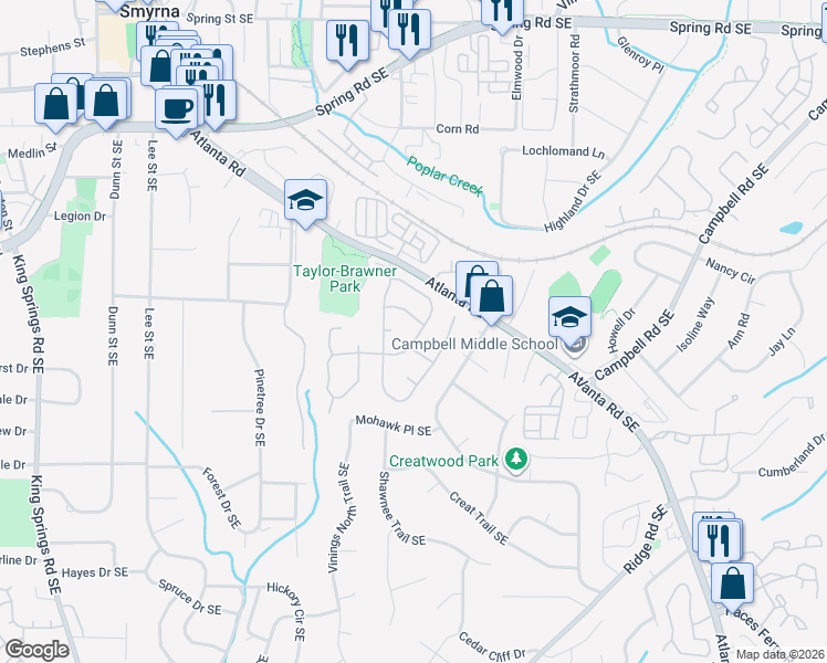map of restaurants, bars, coffee shops, grocery stores, and more near 3332 Fieldwood Drive Southeast in Smyrna