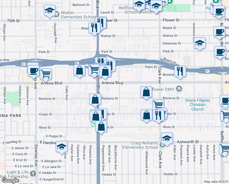 map of restaurants, bars, coffee shops, grocery stores, and more near in Bellflower