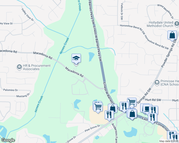 map of restaurants, bars, coffee shops, grocery stores, and more near 2870 Macedonia Road in Powder Springs