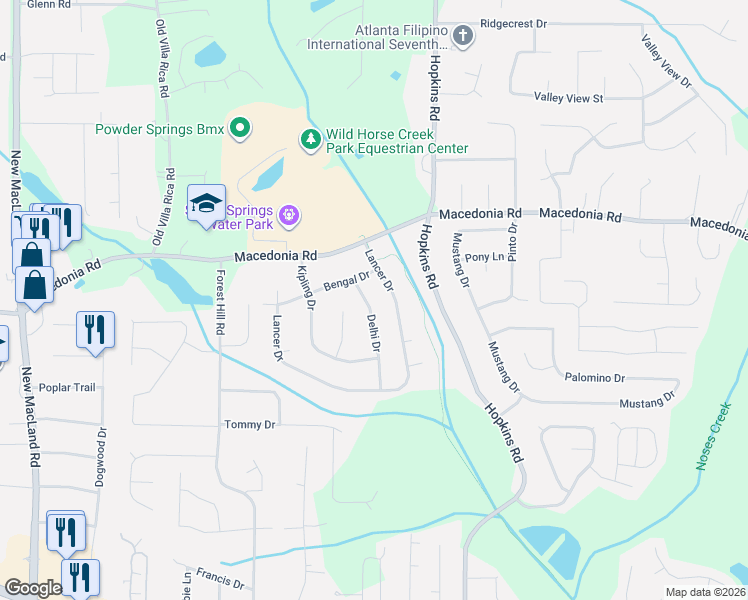 map of restaurants, bars, coffee shops, grocery stores, and more near 3165 Delhi Drive in Powder Springs