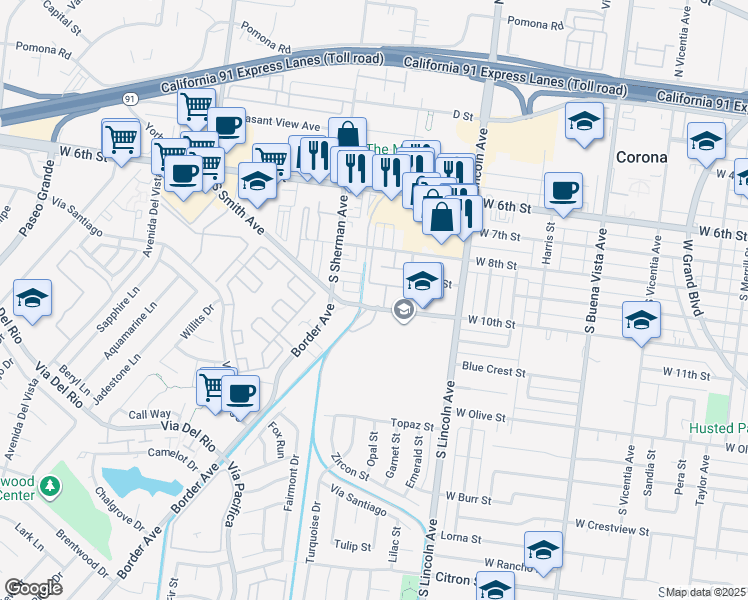 map of restaurants, bars, coffee shops, grocery stores, and more near 1221 West 10th Street in Corona