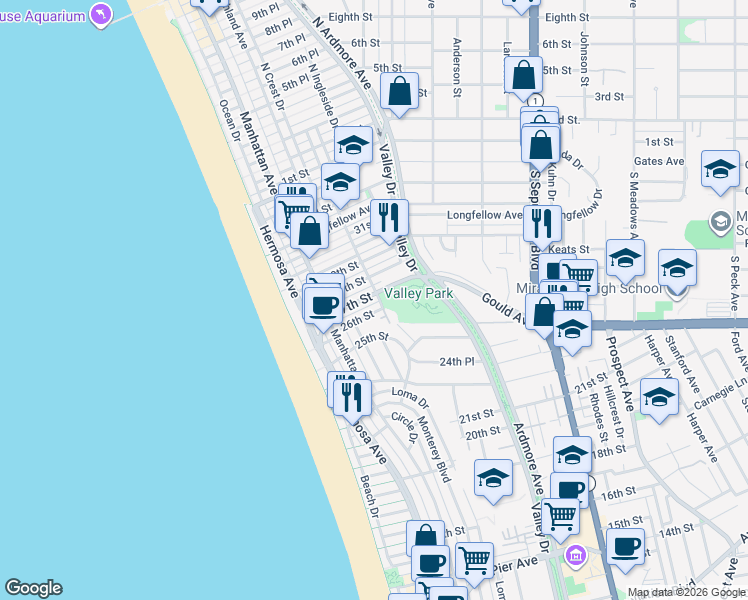 map of restaurants, bars, coffee shops, grocery stores, and more near 352 27th Street in Hermosa Beach