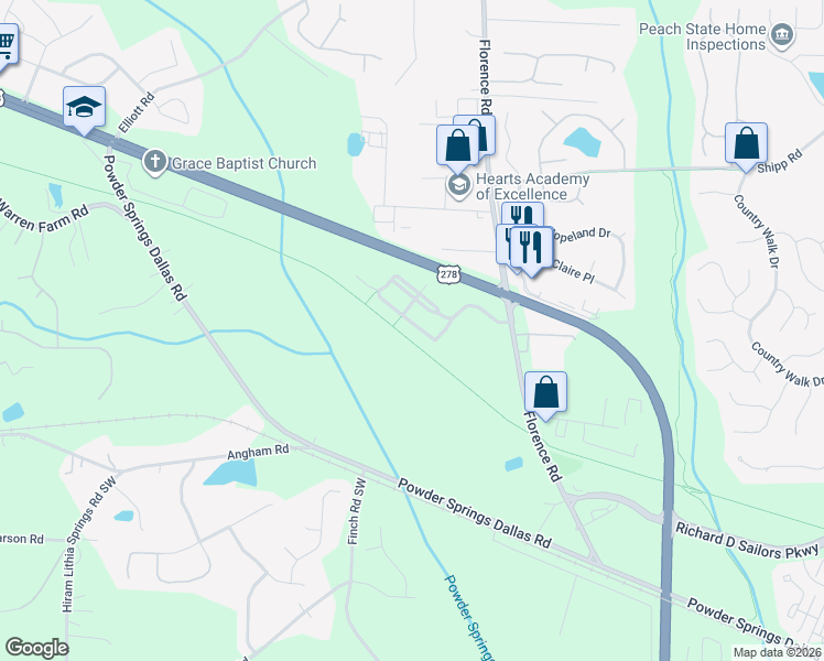 map of restaurants, bars, coffee shops, grocery stores, and more near 3359 Thornbridge Drive in Powder Springs
