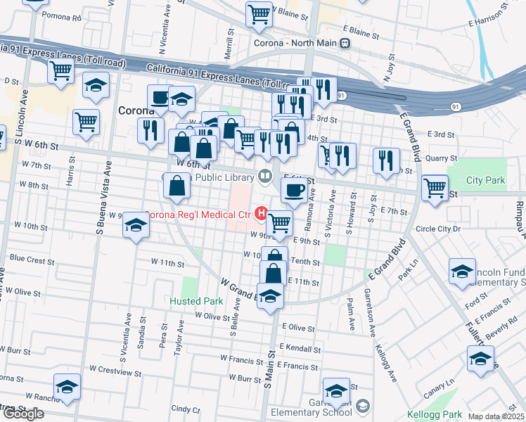 map of restaurants, bars, coffee shops, grocery stores, and more near 800 South Main Street in Corona