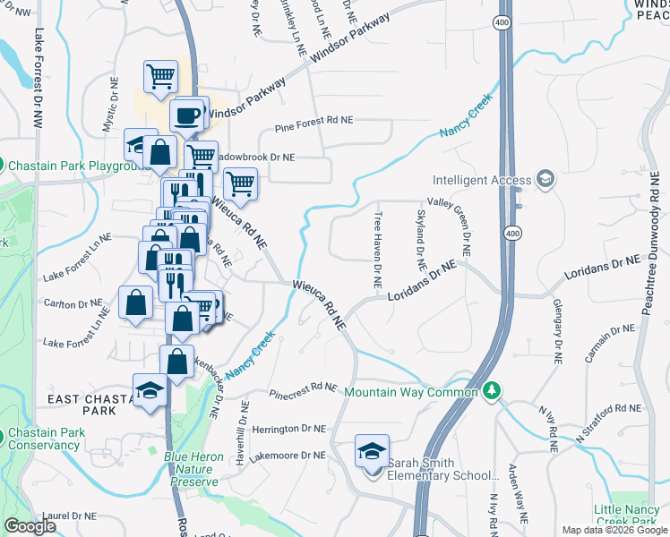 map of restaurants, bars, coffee shops, grocery stores, and more near 382 Valley Green Drive Northeast in Atlanta