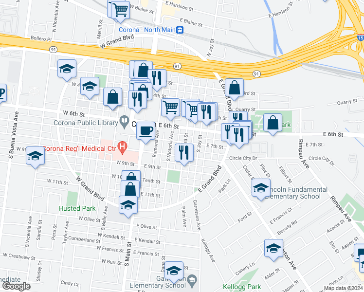 map of restaurants, bars, coffee shops, grocery stores, and more near 409 East 8th Street in Corona