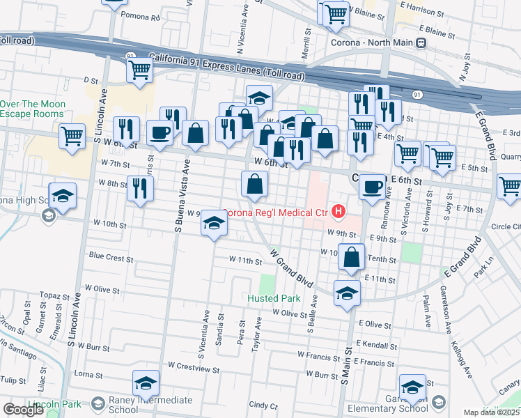 map of restaurants, bars, coffee shops, grocery stores, and more near 527 West 9th Street in Corona