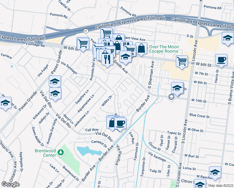 map of restaurants, bars, coffee shops, grocery stores, and more near 1414 Rainbrook Way in Corona