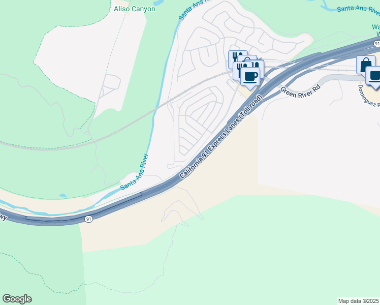 map of restaurants, bars, coffee shops, grocery stores, and more near 4999 Green River Road in Corona