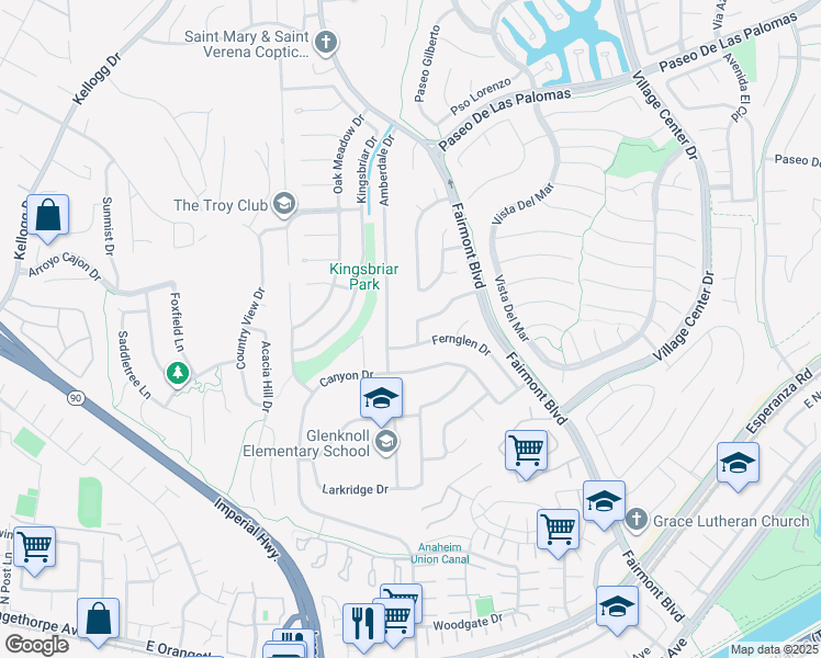 map of restaurants, bars, coffee shops, grocery stores, and more near 19932 Fernglen Drive in Yorba Linda