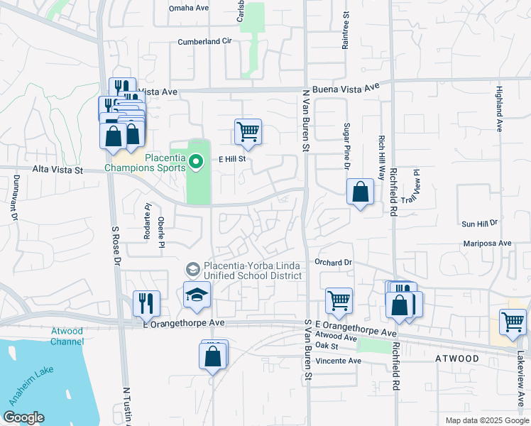 map of restaurants, bars, coffee shops, grocery stores, and more near 309 North Ruscitto Lane in Placentia
