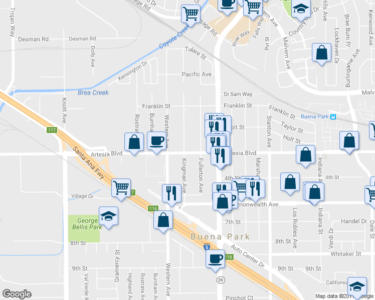 map of restaurants, bars, coffee shops, grocery stores, and more near 7614 Artesia Boulevard in Buena Park
