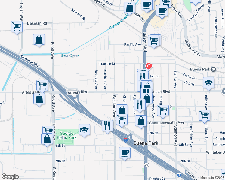 map of restaurants, bars, coffee shops, grocery stores, and more near 7400 Artesia Boulevard in Buena Park
