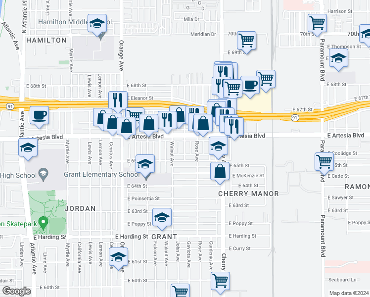 map of restaurants, bars, coffee shops, grocery stores, and more near 1669 East 65th Street in Long Beach