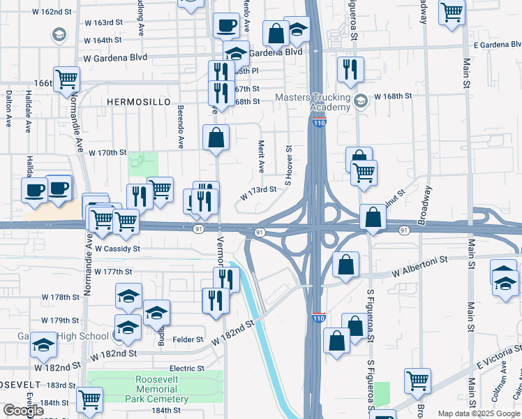 map of restaurants, bars, coffee shops, grocery stores, and more near 702 West 173rd Place in Gardena