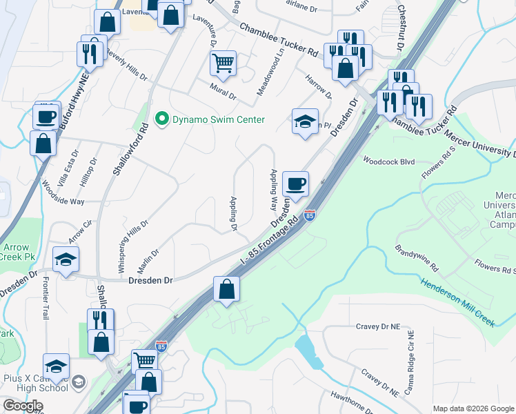 map of restaurants, bars, coffee shops, grocery stores, and more near 2925 Appling Circle in Atlanta