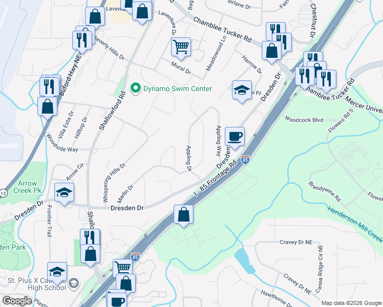 map of restaurants, bars, coffee shops, grocery stores, and more near 2925 Appling Drive in Atlanta