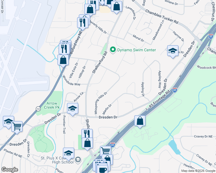 map of restaurants, bars, coffee shops, grocery stores, and more near 2923-2 Whispering Hills Court in Chamblee