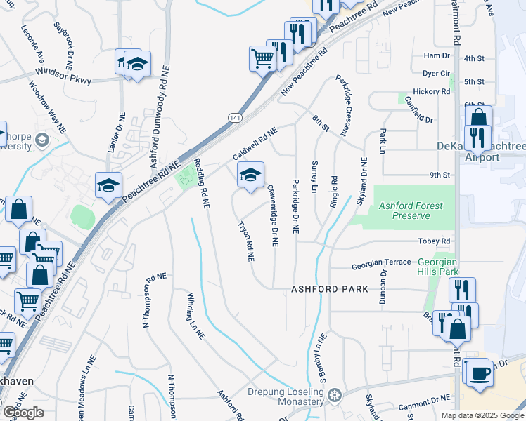 map of restaurants, bars, coffee shops, grocery stores, and more near 1653 Pamela Drive Northeast in Atlanta