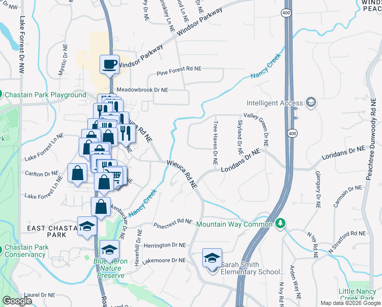 map of restaurants, bars, coffee shops, grocery stores, and more near 382 Valley Green Drive Northeast in Atlanta