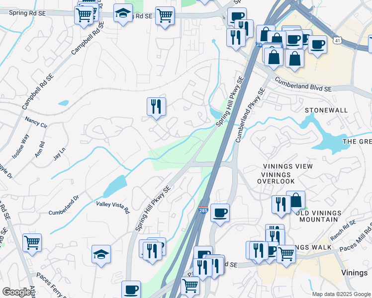 map of restaurants, bars, coffee shops, grocery stores, and more near 2510 Cumberland Court Southeast in Smyrna