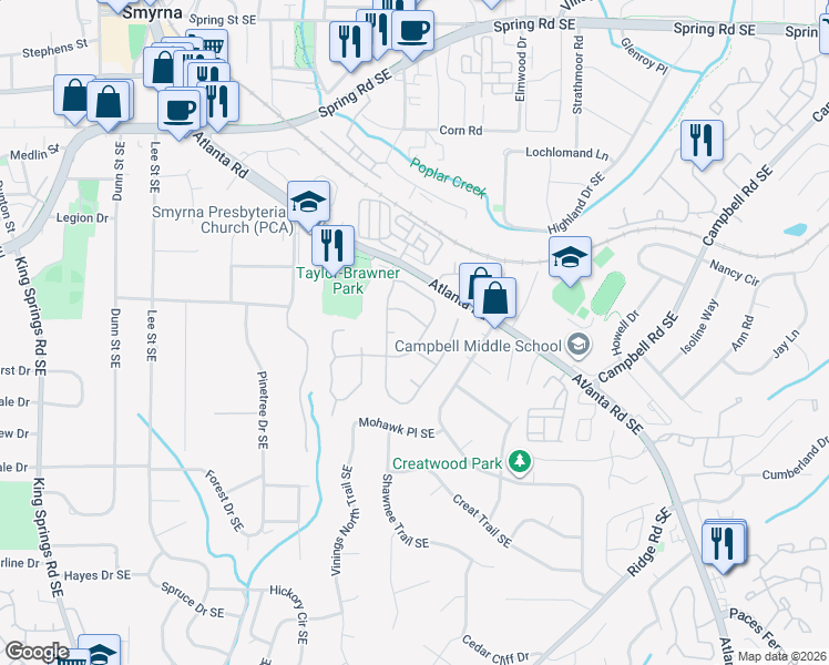 map of restaurants, bars, coffee shops, grocery stores, and more near 3332 Fieldwood Drive Southeast in Smyrna